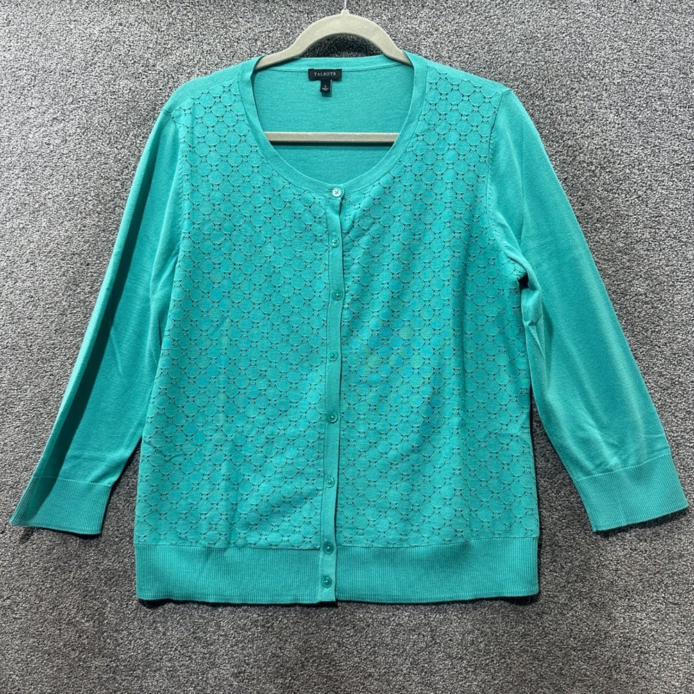 Talbots Cardigan Sweater Women Large Teal Green Eyelet Overlay Button Up